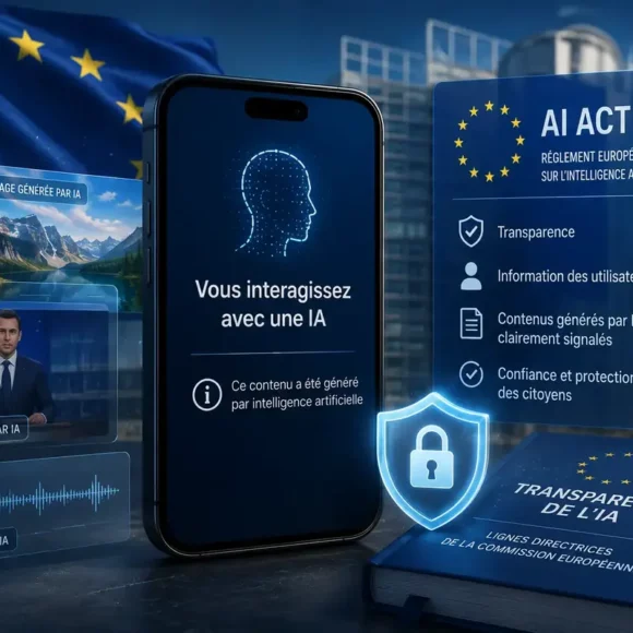 Écran d'interface de chatbot affichant une mention de contenu généré par IA, dans un environnement de bureau professionnel