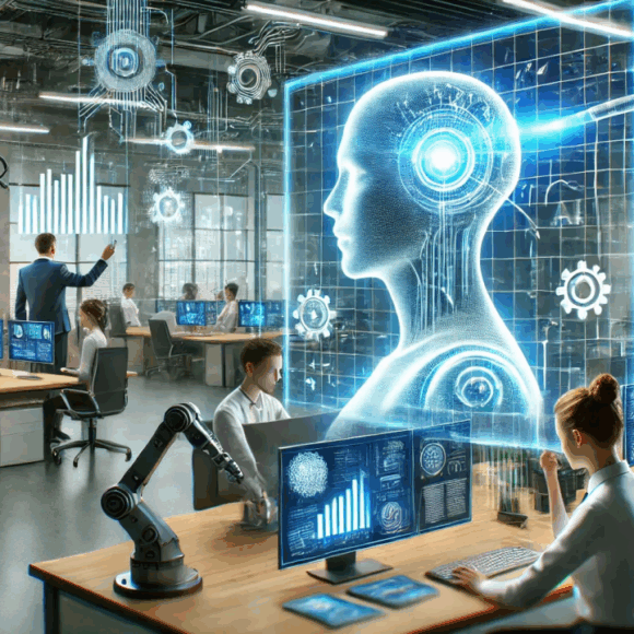 Employé travaillant sur un écran affichant une interface d'intelligence artificielle générative dans un open space d'entreprise